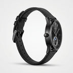 TOMI T024 Phantom Radiance watch with black dial and black leather strap, side profile view