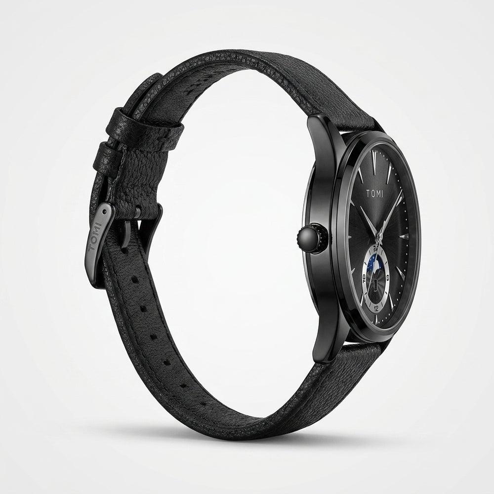 TOMI T024 Phantom Radiance watch with black dial and black leather strap, side profile view