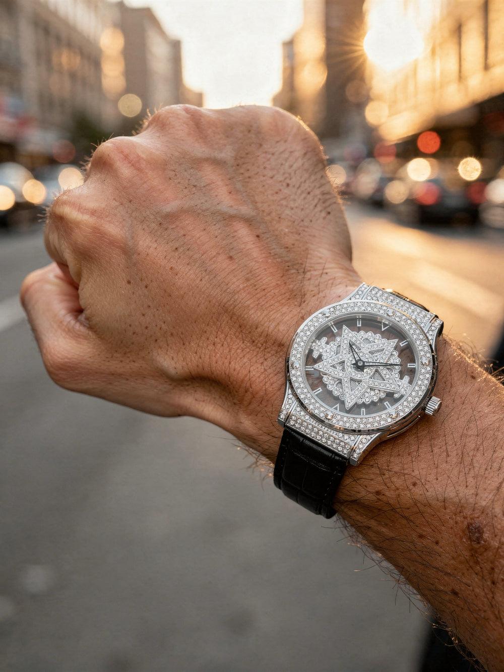 Man wearing TOMI T029 Opulence Radiance watch with silver diamond-set case and black leather strap, city street background