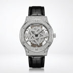 TOMI T029 Opulence Radiance watch with silver diamond-set case and black leather strap, front studio view