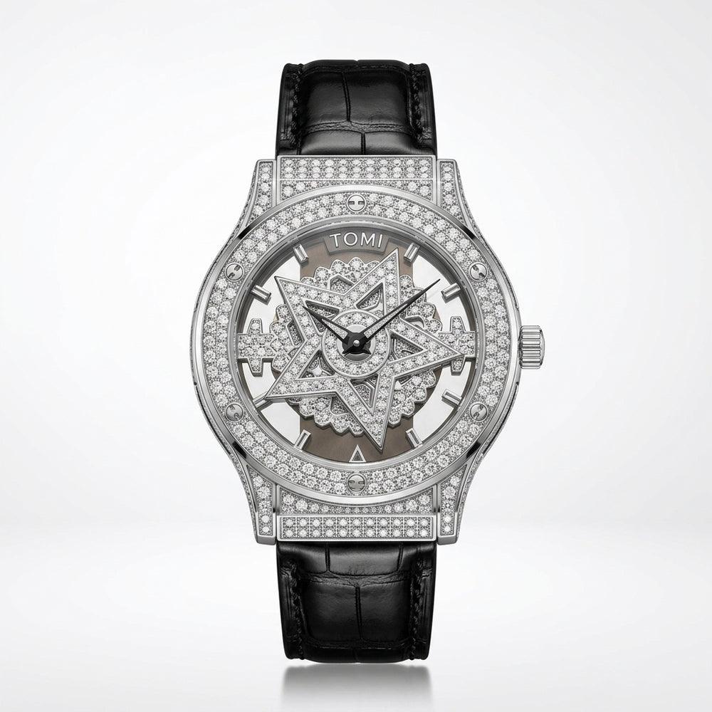 TOMI T029 Opulence Radiance watch with silver diamond-set case and black leather strap, front studio view