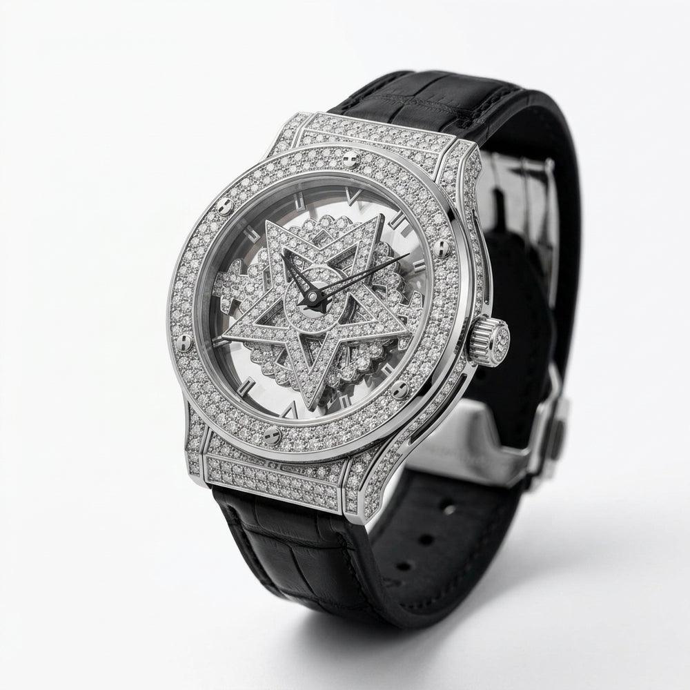 TOMI T029 Opulence Radiance watch with silver diamond-set case and black leather strap, angled 3/4 view