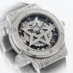 TOMI T029 Opulence Radiance watch with silver diamond-set case and black leather strap, macro close-up