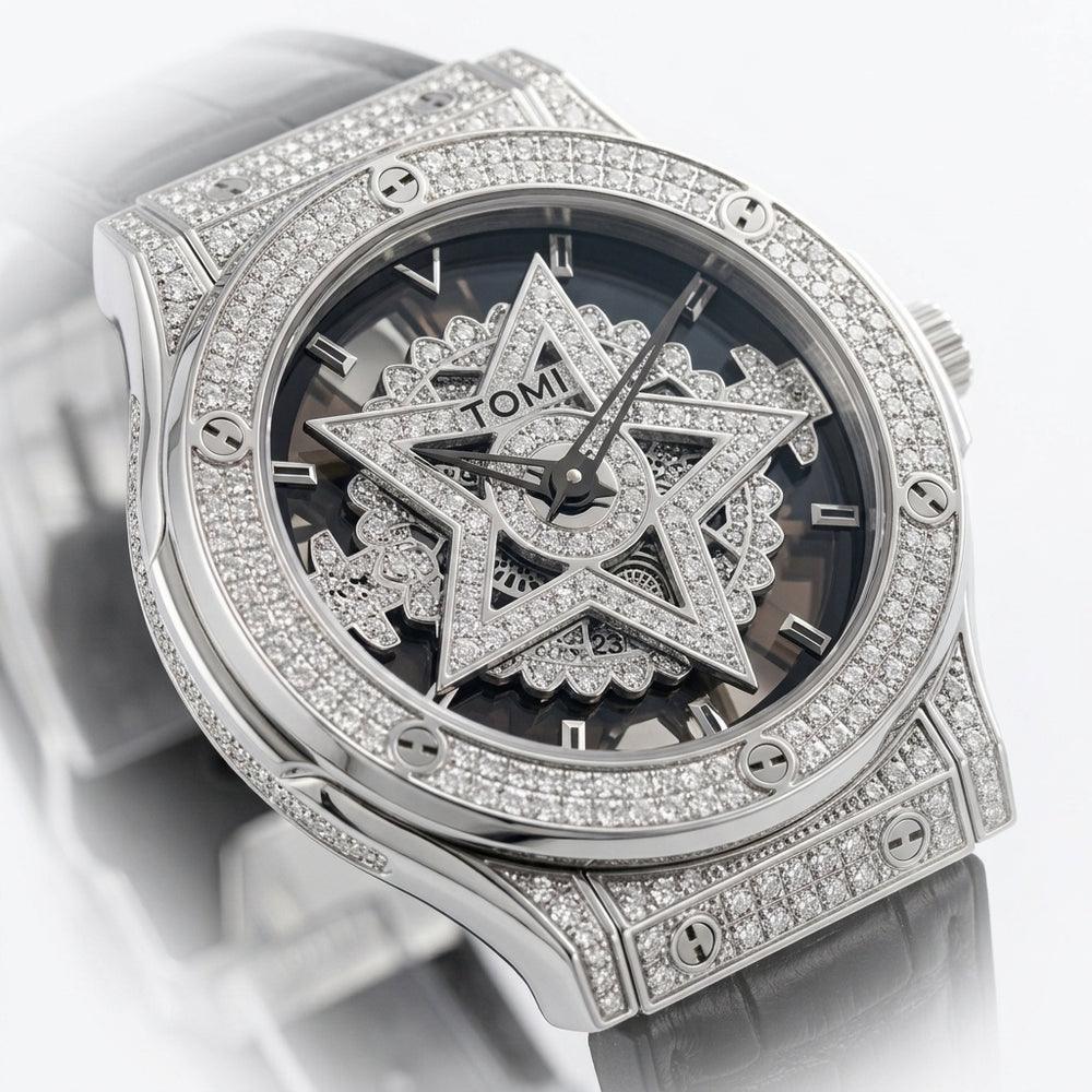 TOMI T029 Opulence Radiance watch with silver diamond-set case and black leather strap, macro close-up