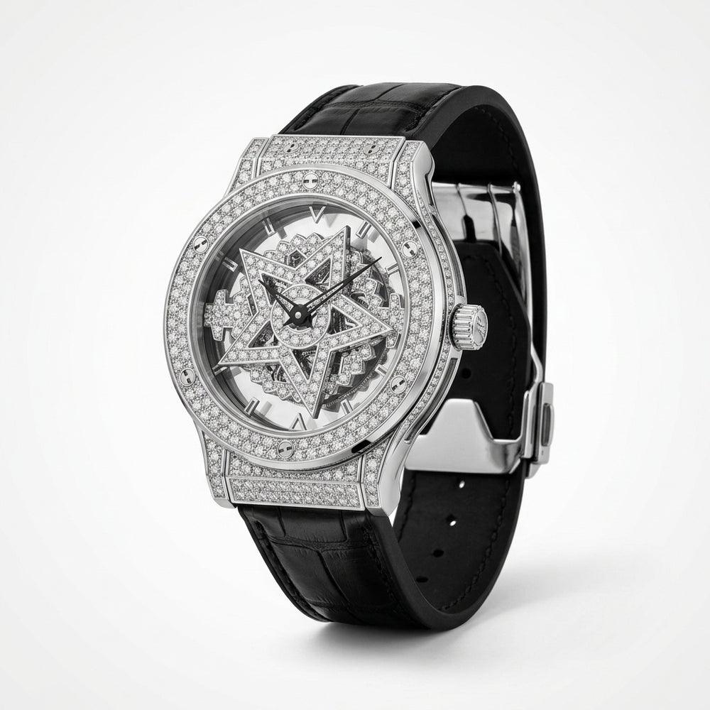 Man wearing TOMI T029 Opulence Radiance watch with silver diamond-set case and black leather strap, indoor sleeve view