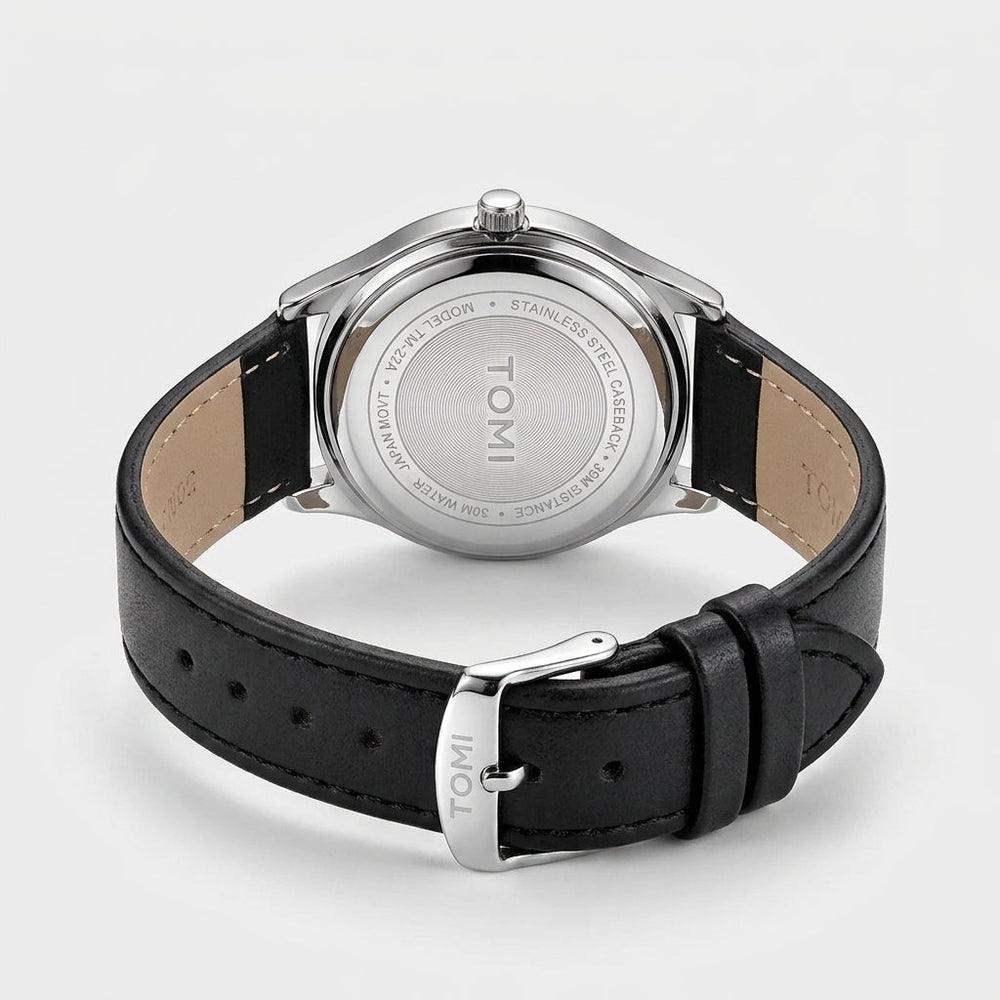 TOMI T030 Obsidian watch with silver case and black leather strap, back view