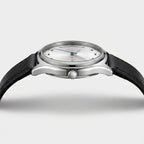 TOMI T030 Obsidian watch with silver case and black leather strap, side profile view