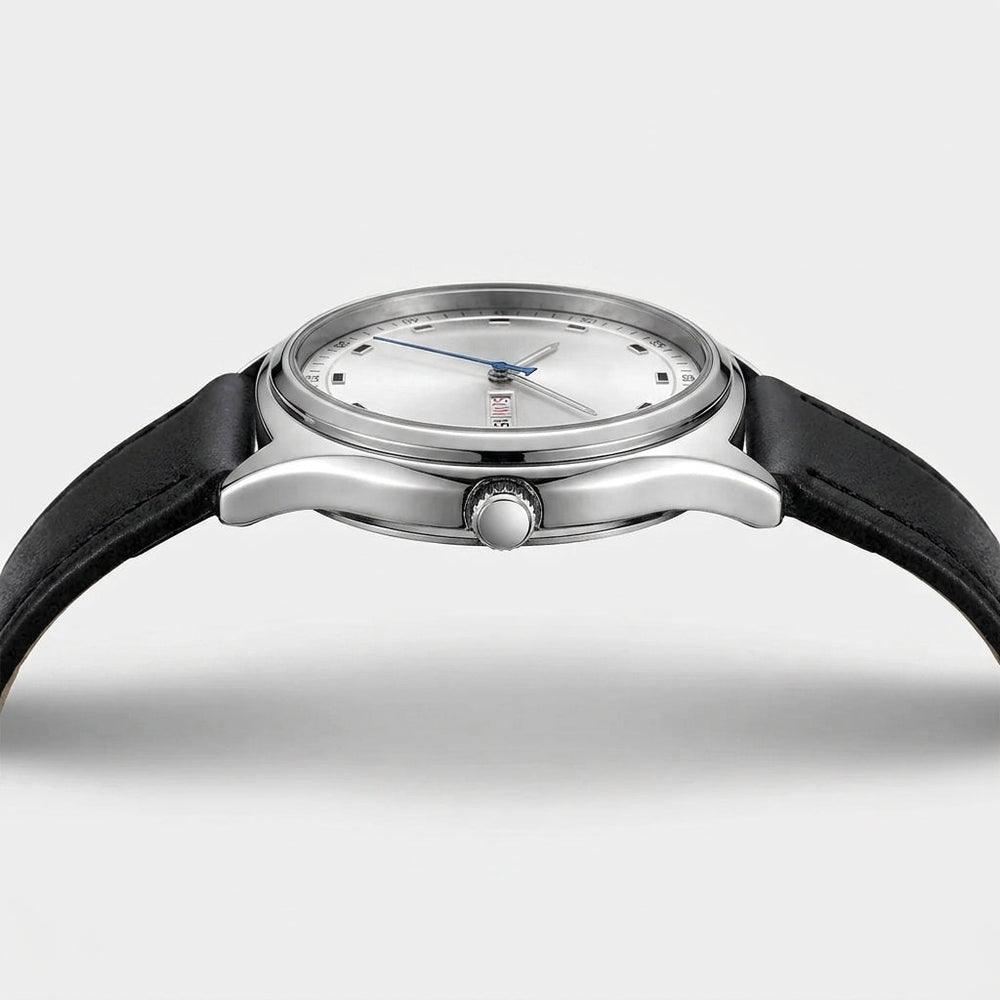 TOMI T030 Obsidian watch with silver case and black leather strap, side profile view