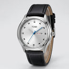 TOMI T030 Obsidian watch with silver case and black leather strap, front studio view