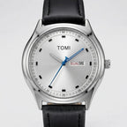 TOMI T030 Obsidian watch with silver case and black leather strap, front studio close-up