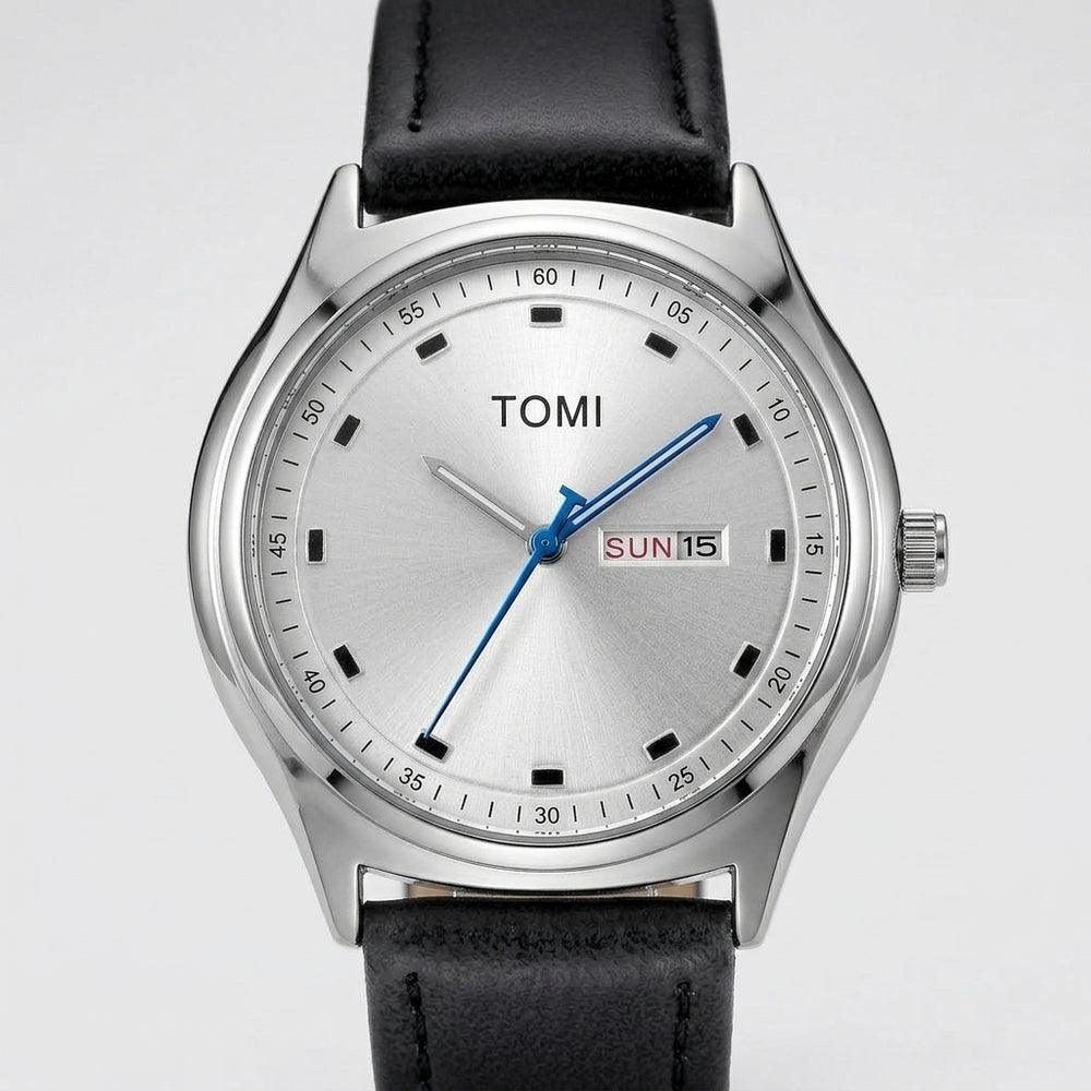 TOMI T030 Obsidian watch with silver case and black leather strap, front studio close-up