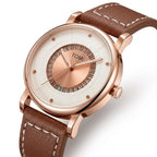 TOMI T033 Enduring Heirloom Edition watch with white dial, rose gold case, and brown leather strap, angled 3/4 view