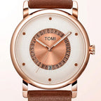 TOMI T033 Enduring Heirloom Edition watch with white dial, rose gold case, and brown leather strap, side profile view