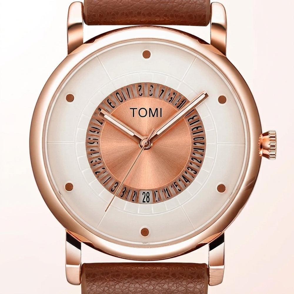 TOMI T033 Enduring Heirloom Edition watch with white dial, rose gold case, and brown leather strap, side profile view