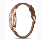 TOMI T033 Enduring Heirloom Edition watch with white dial, rose gold case, and brown leather strap, macro close-up
