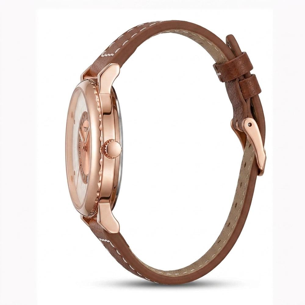 TOMI T033 Enduring Heirloom Edition watch with white dial, rose gold case, and brown leather strap, macro close-up
