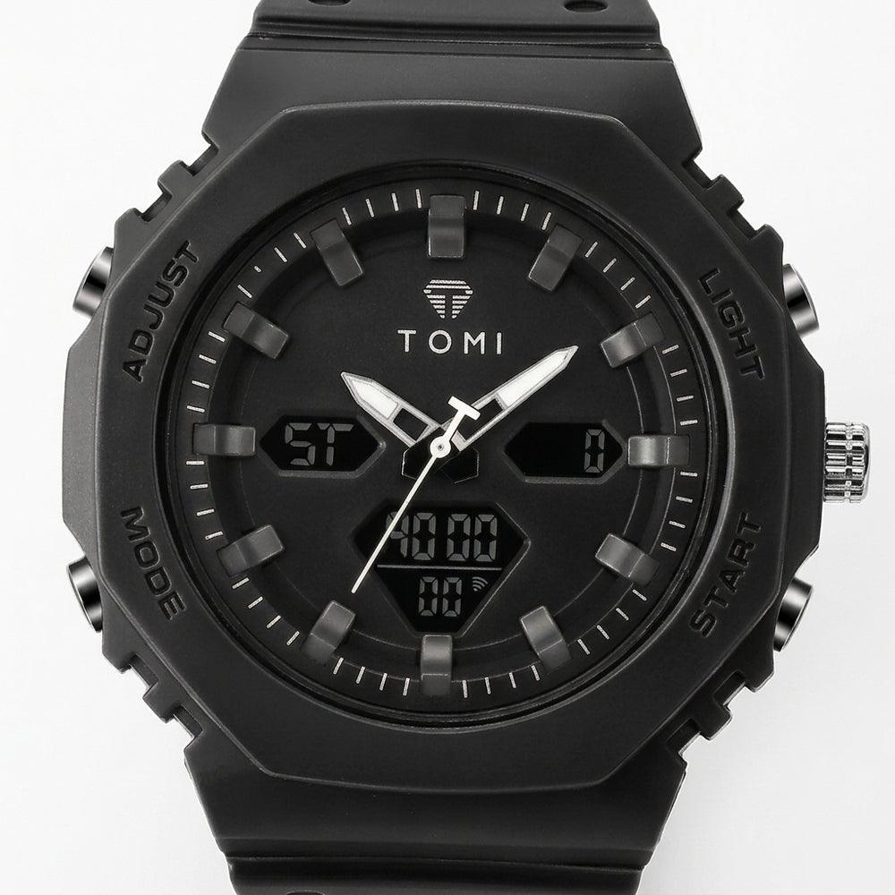 TOMI T217 Citadel Noir all-black sport watch, close-up view