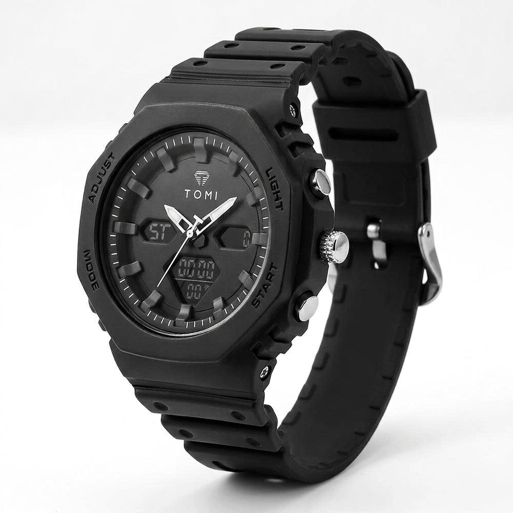 TOMI T217 Citadel Noir all-black sport watch, angled 3/4 view