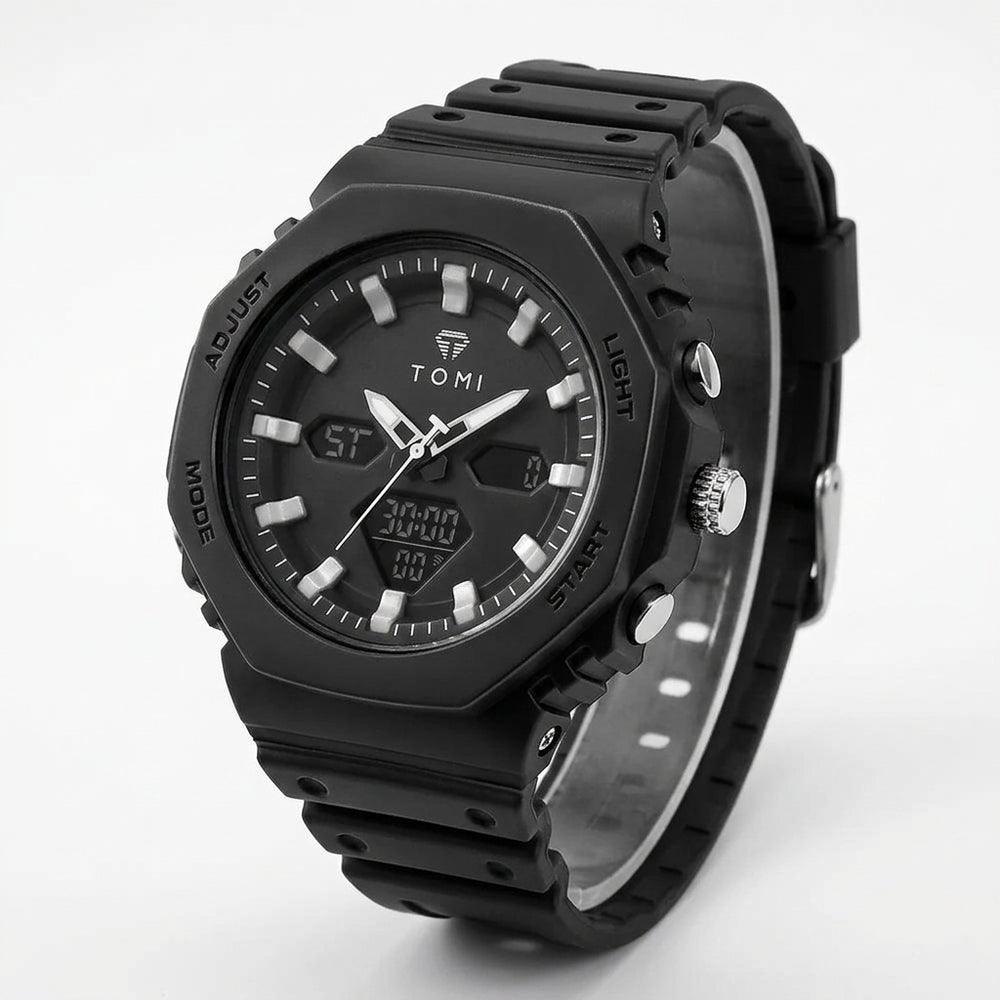TOMI T217 Citadel Noir all-black sport watch, angled studio view