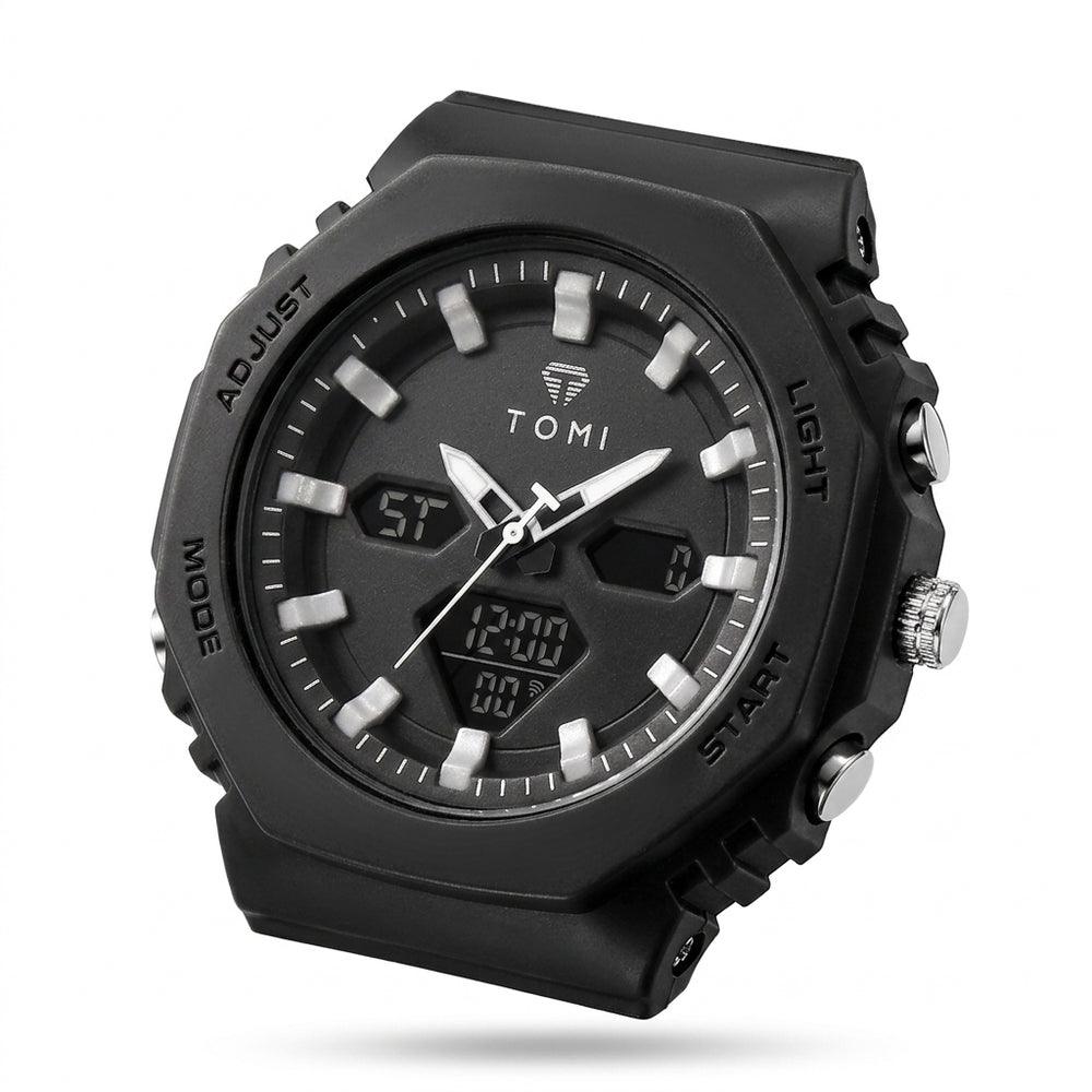 TOMI T217 Citadel Noir all-black sport watch, angled close-up