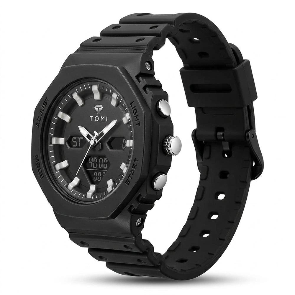 Man wearing TOMI T217 Citadel Noir all-black sport watch