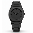 Black watch with a minimalist design on a white background