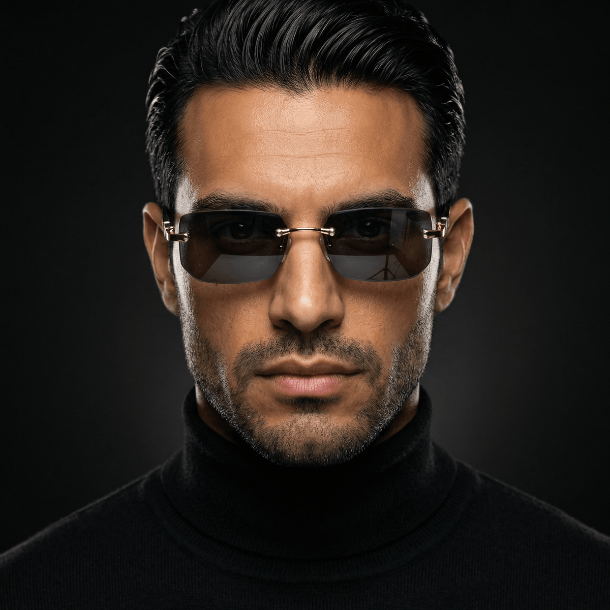A close-up portrait of a man wearing rimless sunglasses with dark lenses and gold metal frames, set against a dark studio background.