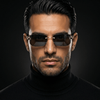 A close-up portrait of a man wearing rimless sunglasses with dark lenses and gold metal frames, set against a dark studio background.
