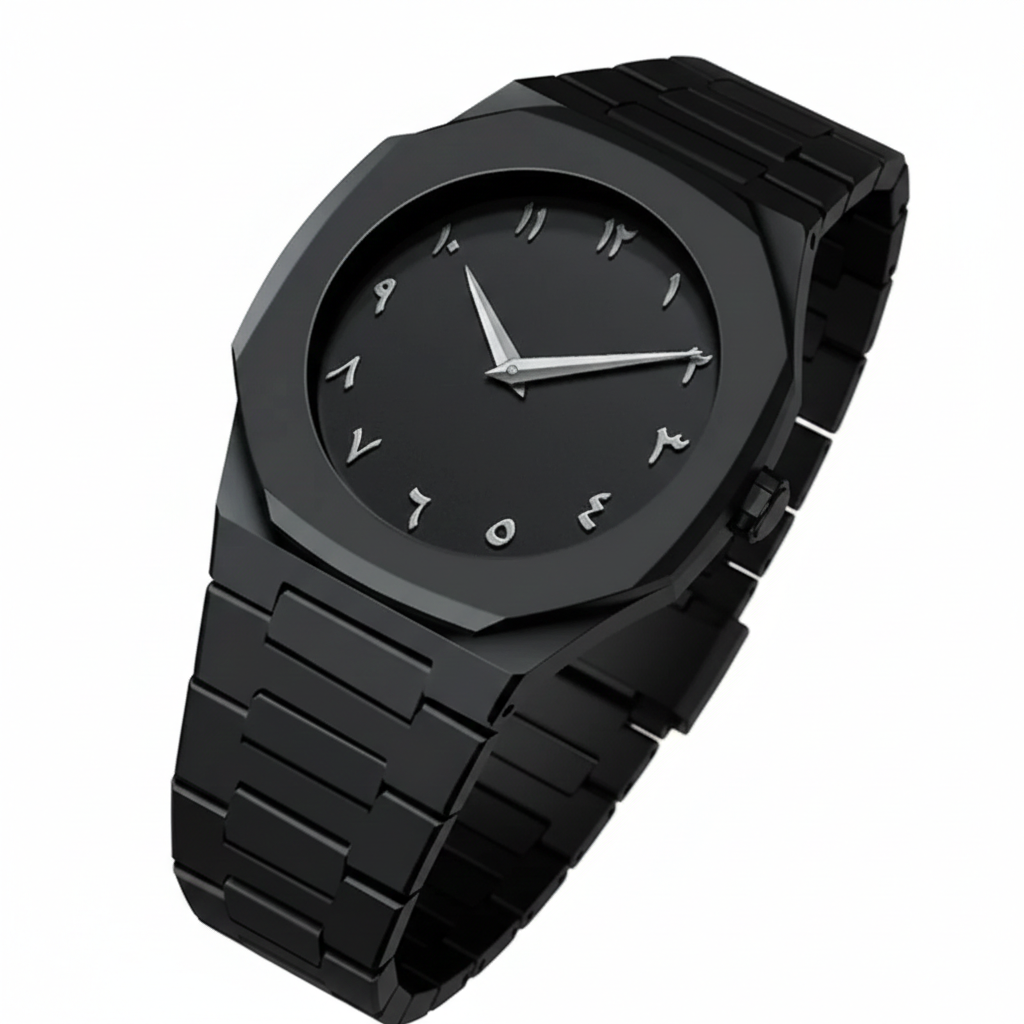 Black wristwatch with a unique design on a white background