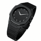 Black wristwatch with a unique design on a white background