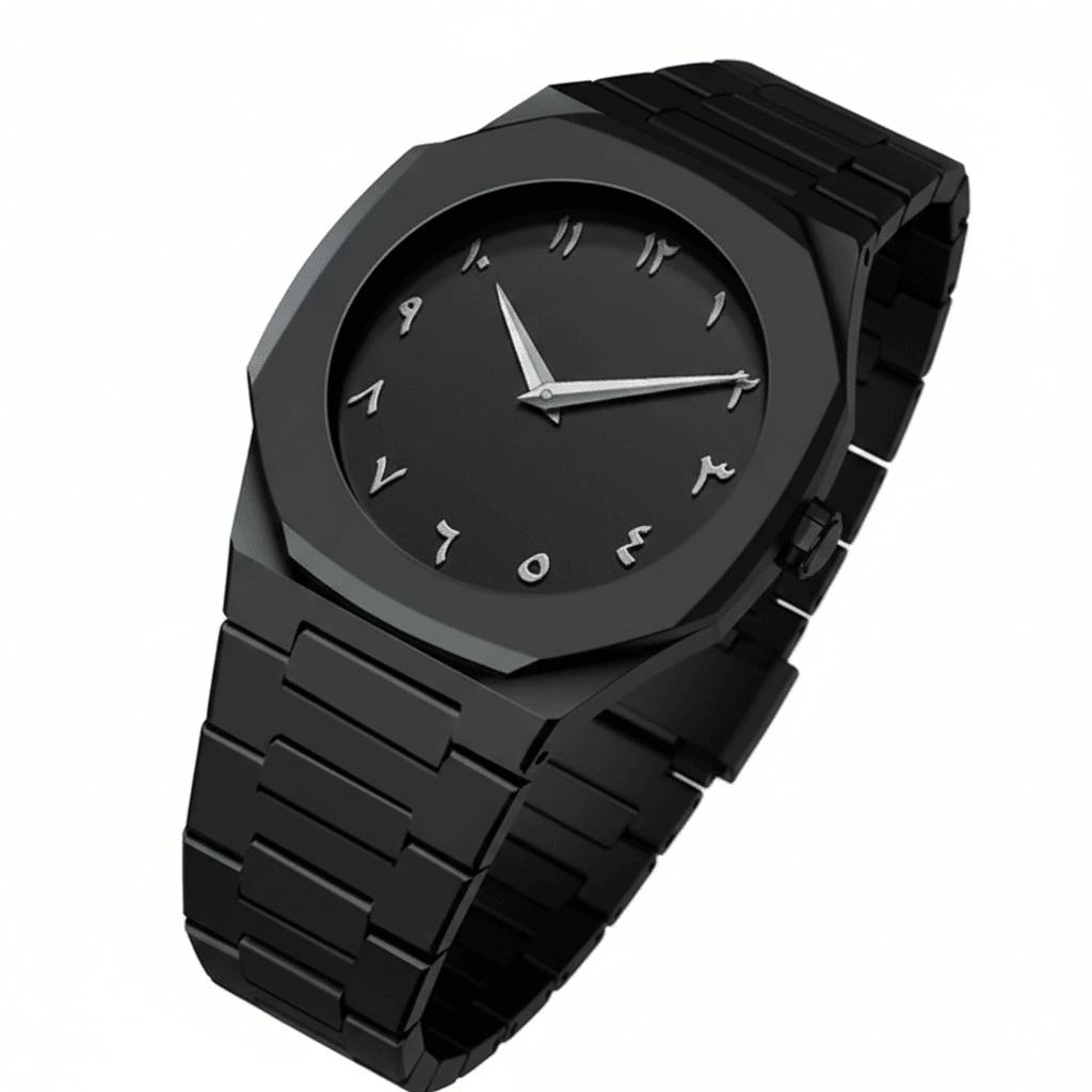 Black wristwatch with a unique design on a white background